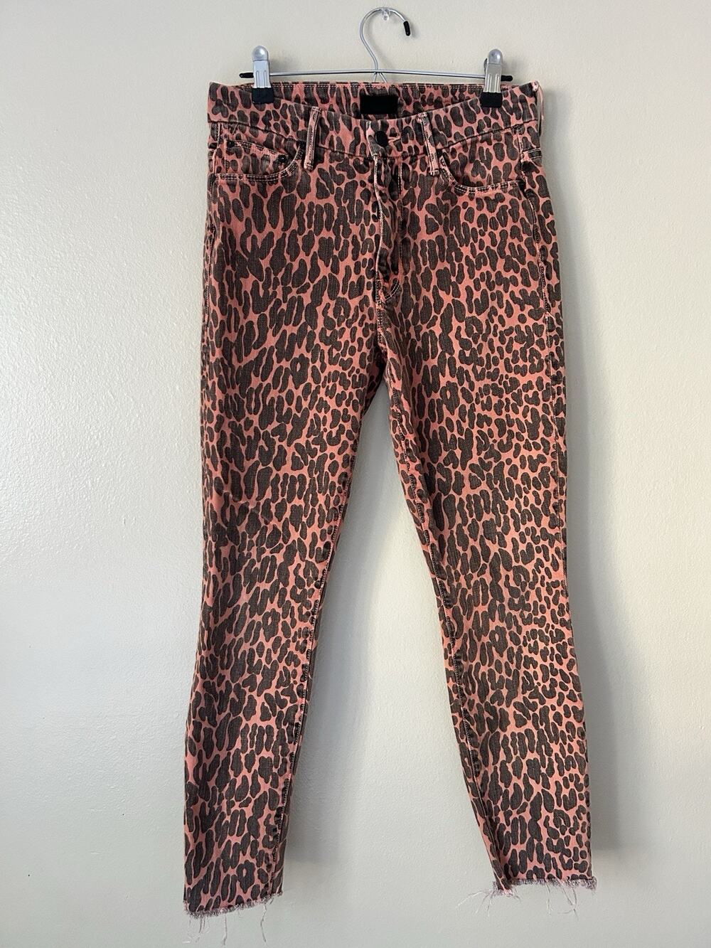 MOTHER The Looker Ankle Fray Leopard Print Jeans Pink Brown Size 26 Skinny